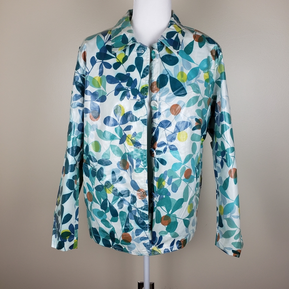 Chico's Leaf Print Poly Coated Rain Jacket size Large